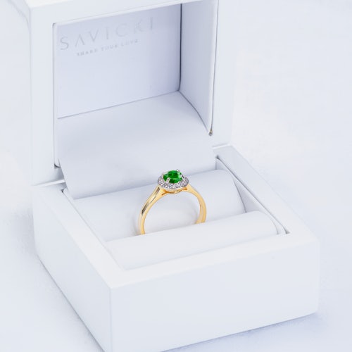 Pierścionek zaręczynowy SAVICKI: dwukolorowe złoto, szmaragd, diamenty